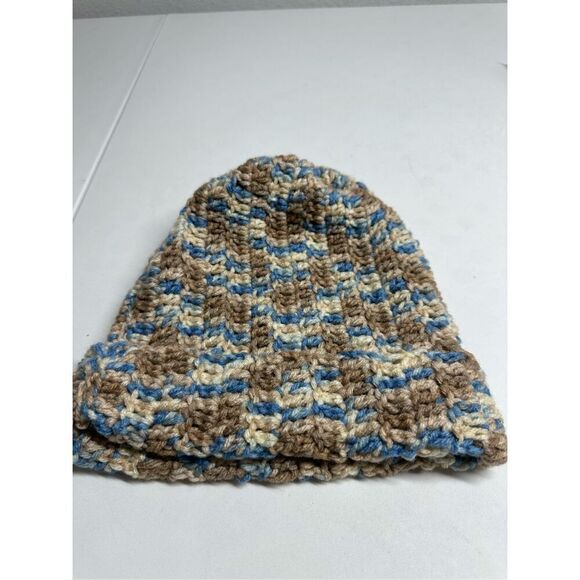 Kids Unisex Handmade Beanie Hat Wool Blend One Size Blue Brown - Picture 1 of 5